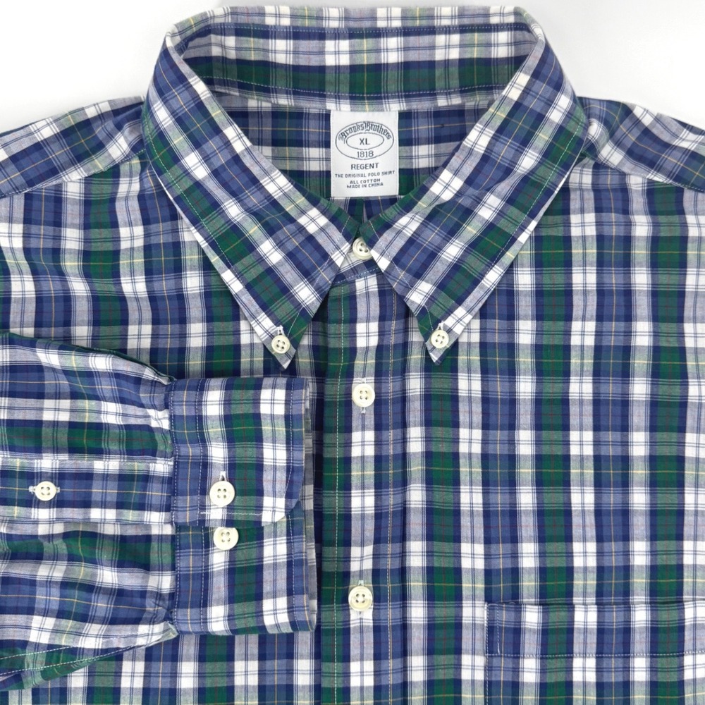 Brooks Brothers Regent Plaid Button Down Shirt Mens XL Blue Green All Cotton
